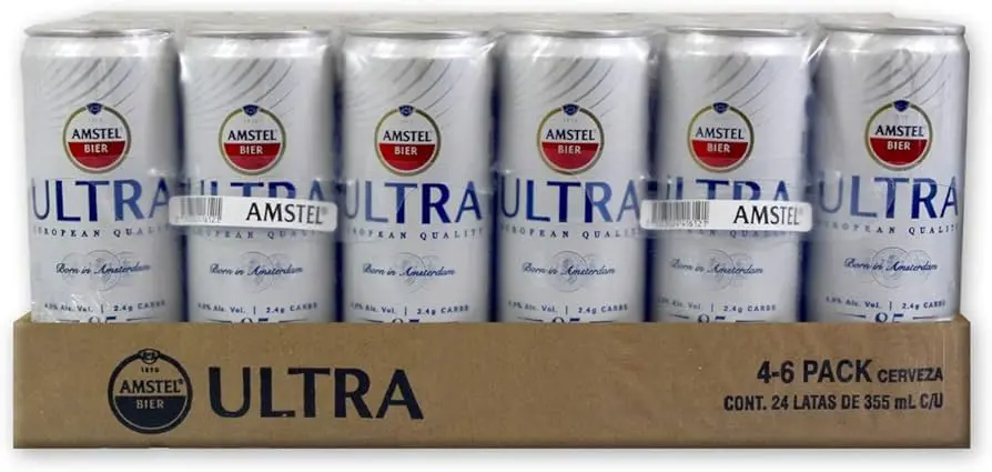 Cerveza amstel ultra, laton de 355 ml, 24 piezas, charola