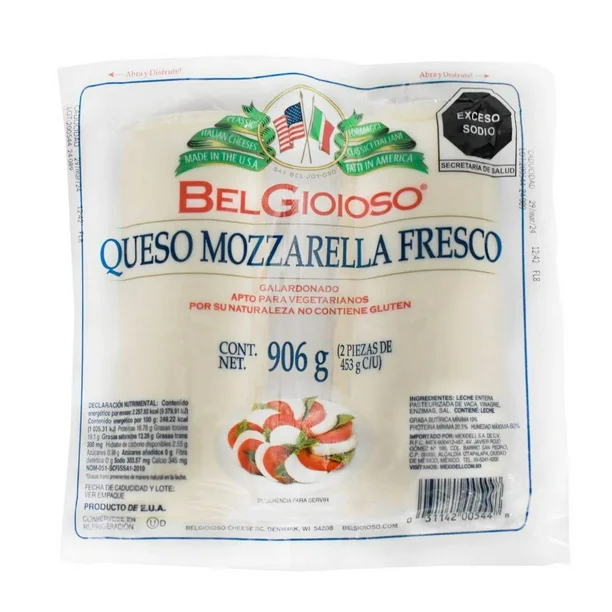queso mozarella fresco de 906 gramos, belgioso, pieza